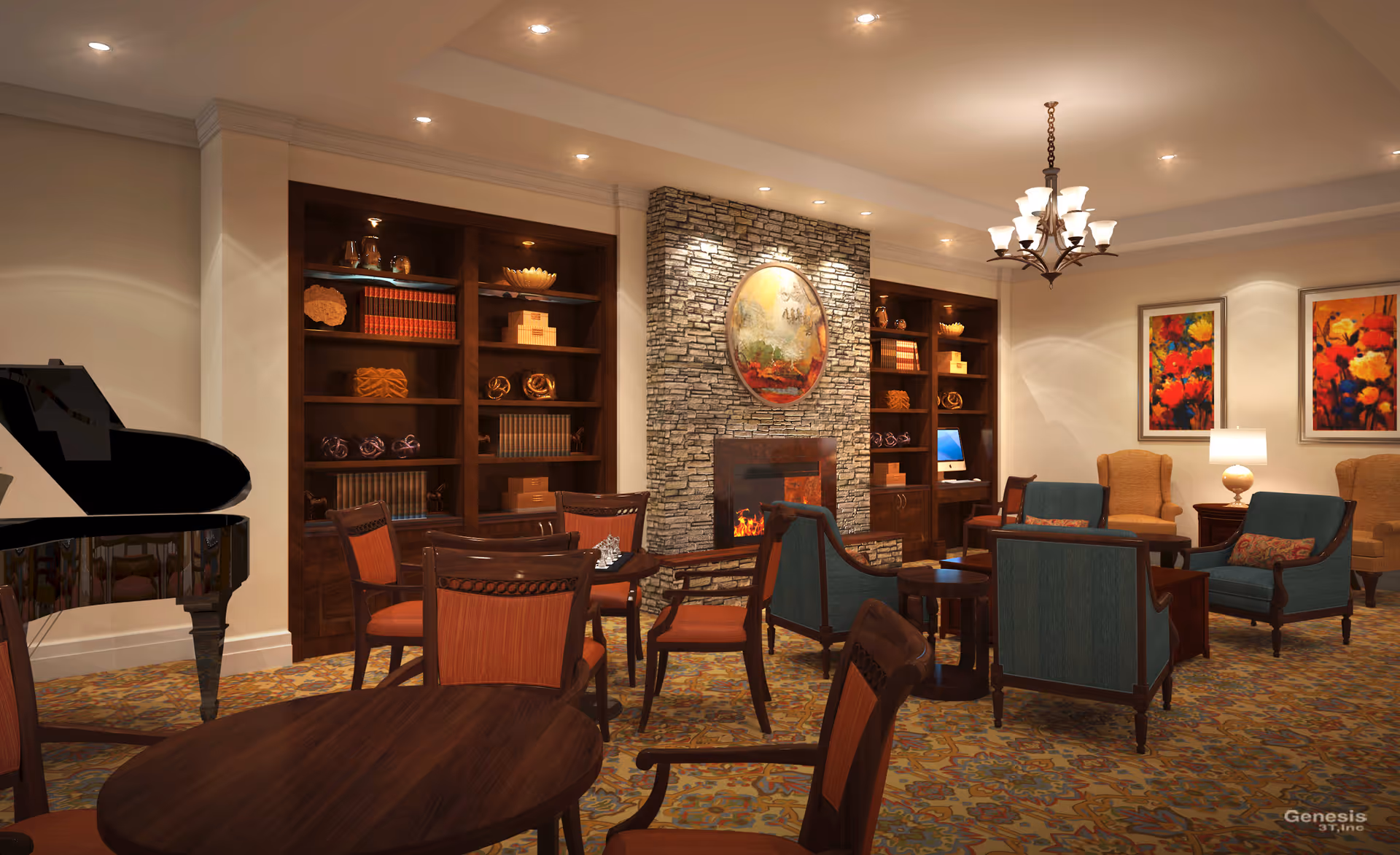 A cozy and elegant living room area featuring a stone fireplace with a round painting above it, flanked by built-in wooden bookshelves filled with books and decorative items. The room has multiple seating arrangements including wooden chairs with orange cushions, teal armchairs, and beige wingback chairs. A grand piano is visible on the left side, and colorful floral paintings hang on the wall. The space is warmly lit with ceiling lights and a chandelier.