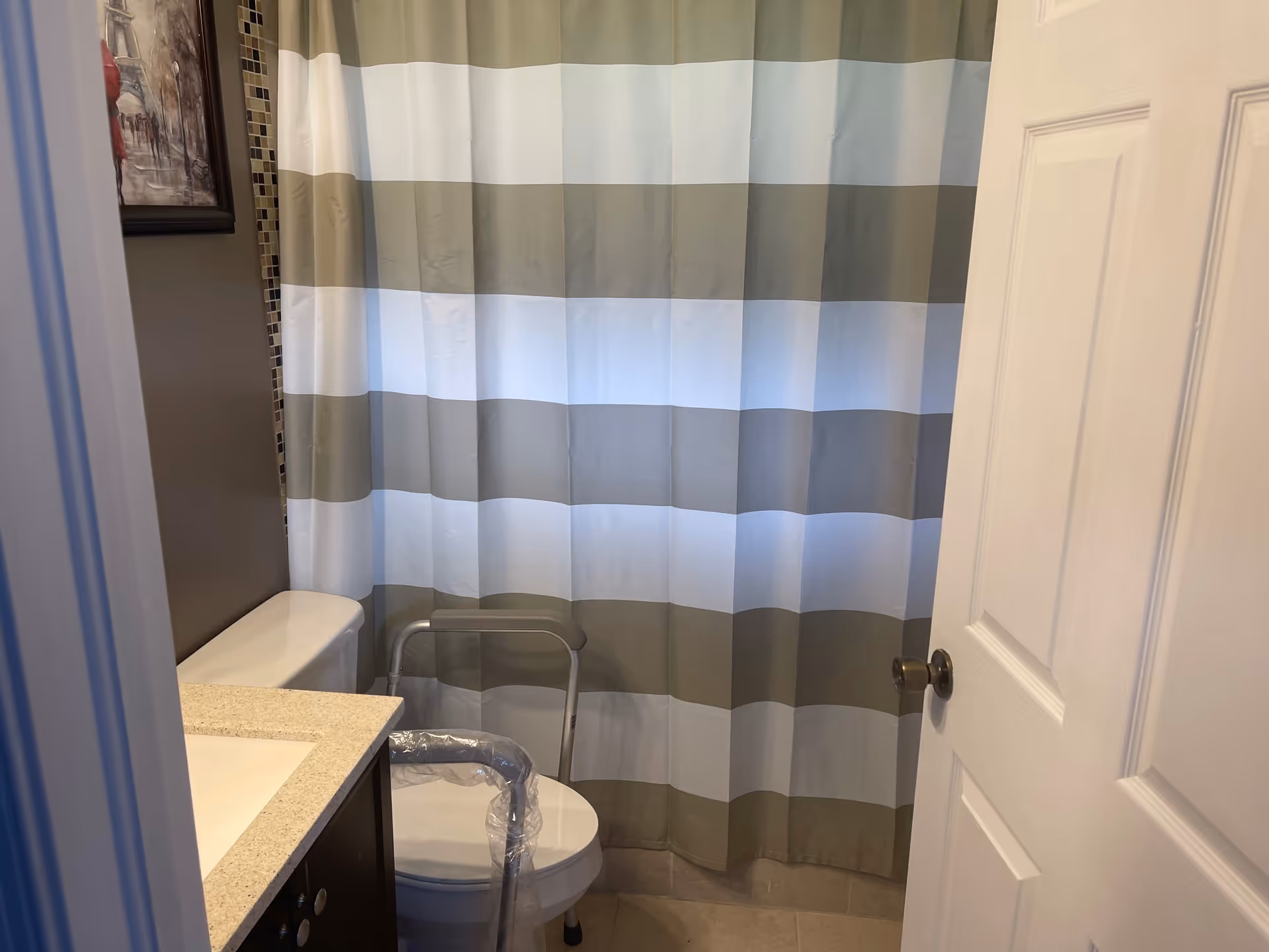 Small bathroom with a white toilet equipped with a safety frame, a countertop with a sink, a striped shower curtain in shades of gray and white, and a framed picture on the wall.