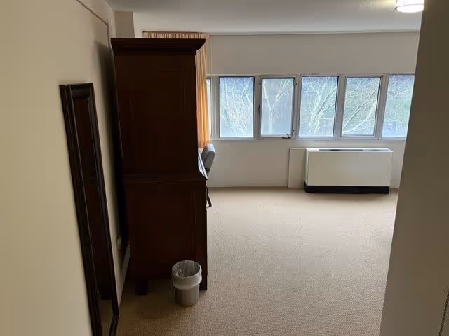 A sparsely furnished room with beige carpet and white walls. There is a tall wooden cabinet against the left wall, a small trash can in front of it, and a chair partially visible near a set of five windows letting in natural light. A white heating or air conditioning unit is positioned below the windows.