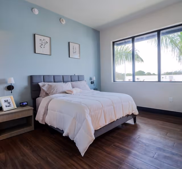 Bright bedroom with a made bed featuring a gray upholstered headboard, a nightstand, and a large window showing palm trees outside.