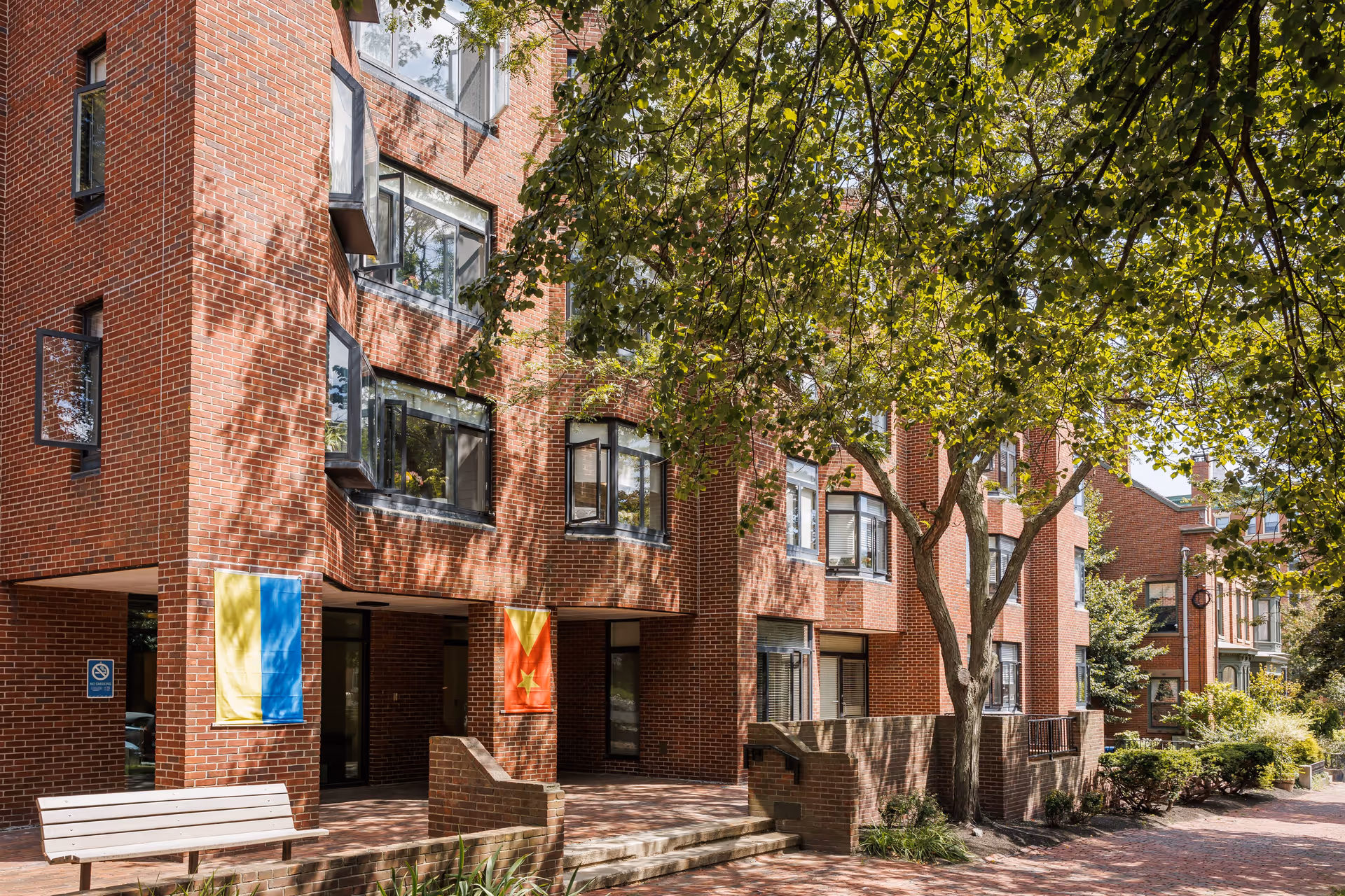 Exterior view of a red brick building with multiple windows and two flags hanging near the entrance. There is a tree with green leaves providing shade over a brick walkway and a white bench in front of the building.