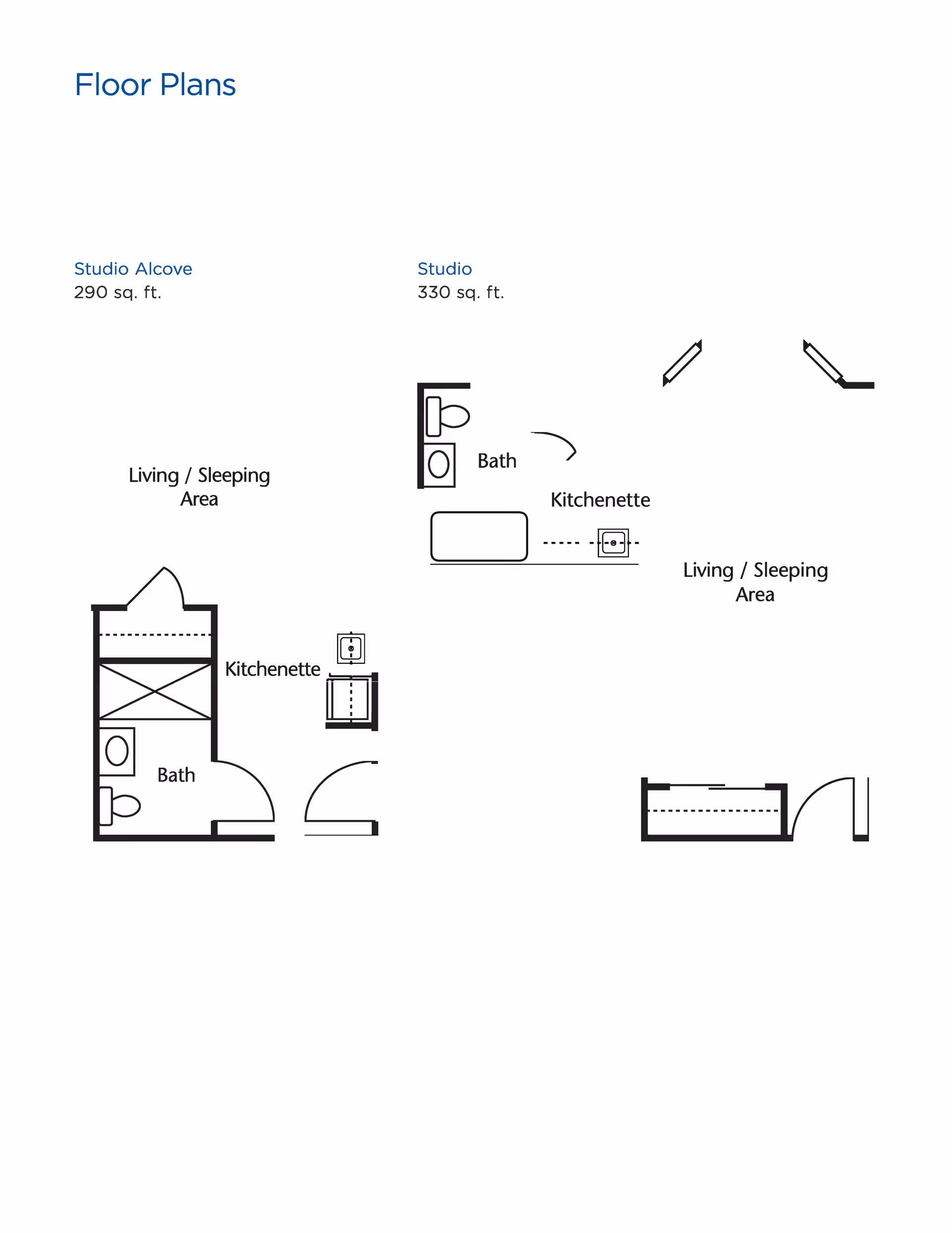 Floor plans for two studio apartments at Brookdale North Richland Hills. The Studio Alcove is 290 sq. ft. and includes a living/sleeping area, kitchenette, and bath. The Studio is 330 sq. ft. and includes a living/sleeping area, kitchenette, and bath.