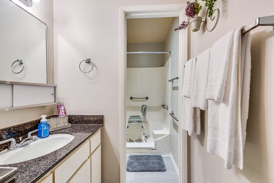 A bathroom with a granite countertop sink on the left, a mirror above it, and a soap dispenser. On the right wall, there are white towels hanging on a towel rack and a decorative wall-mounted flower pot with purple and green plants. In the background, there is a shower area with a white shower chair and grab bars for accessibility, along with a gray bath mat on the floor.