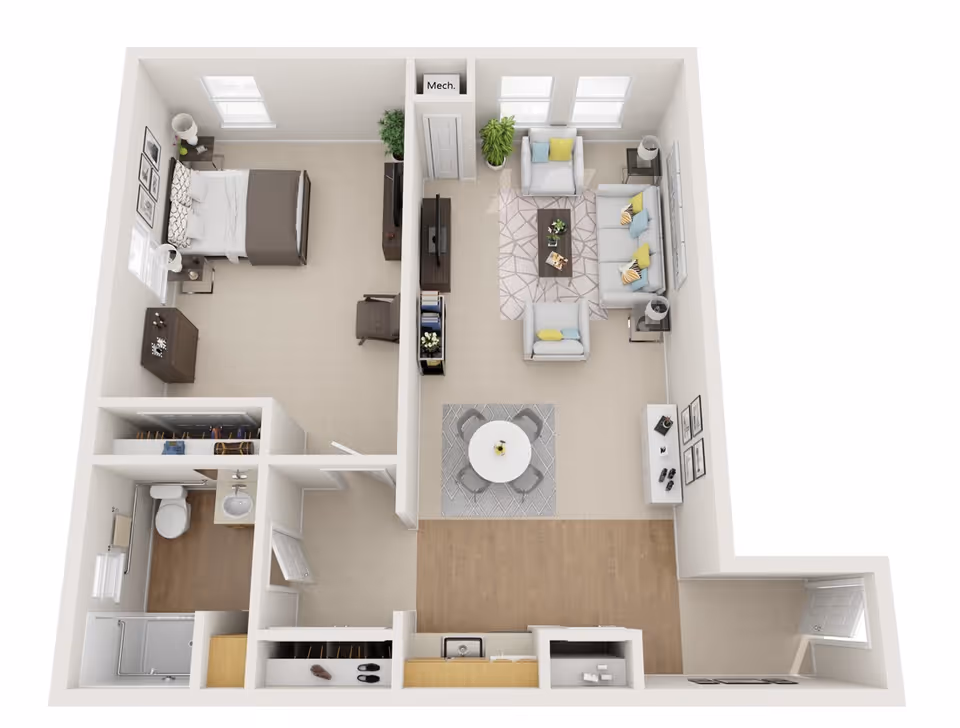 3D floor plan of a one-bedroom apartment showing a bedroom, bathroom, kitchen, dining area and living room.