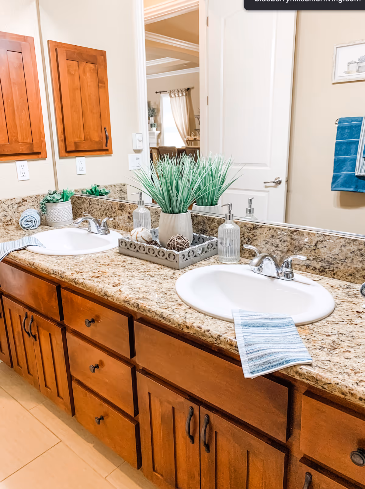 A bathroom vanity with two white sinks set in a granite countertop. There are wooden cabinets and drawers below the countertop. A large mirror spans the length of the vanity, reflecting part of an adjacent room. On the countertop, there is a decorative tray with a potted plant and decorative balls, a soap dispenser, and a rolled towel. A blue towel hangs on a towel rack on the wall to the right.