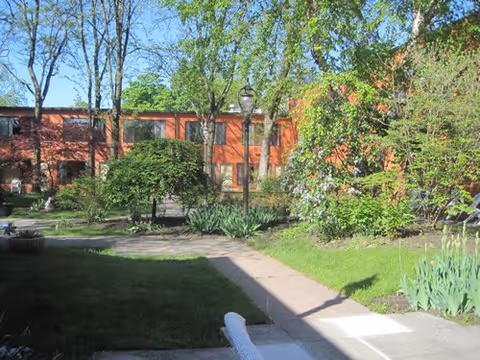 View of a brick building with multiple windows surrounded by trees and greenery on a sunny day. A paved walkway leads through a grassy area with bushes and plants.