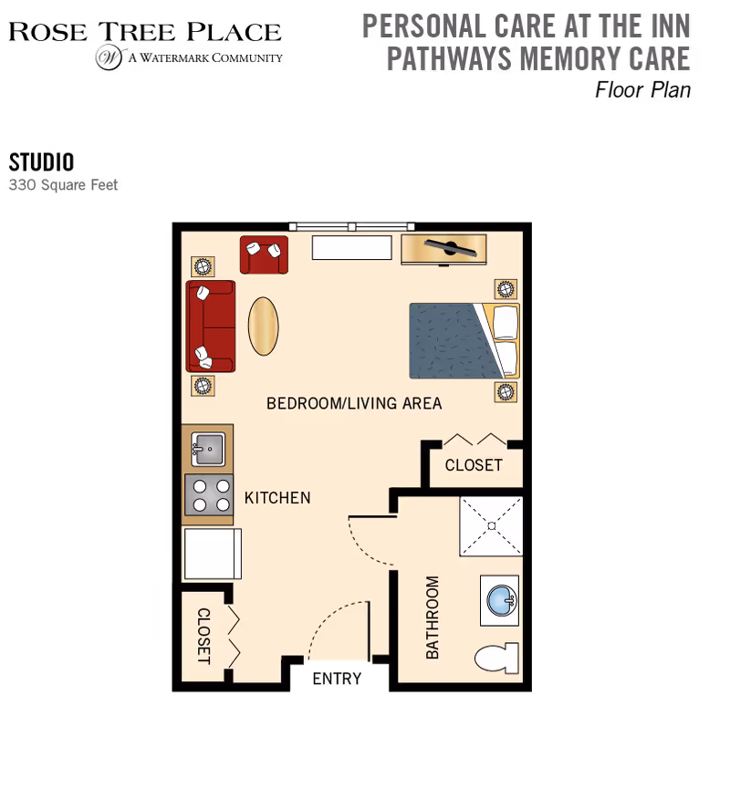 Floor plan of a 330 square feet personal care unit at Pathways Memory Care, showing a combined bedroom and living area with a bed, sofa, armchair, coffee table, TV, kitchen with stove, sink, and refrigerator, two closets, and a bathroom with a shower, toilet, and sink.