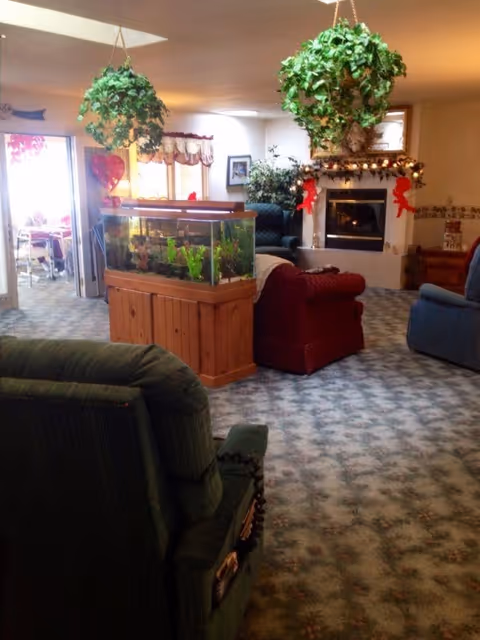 A cozy living room area with patterned carpet, several upholstered armchairs in green, red, and blue, a wooden fish tank with aquatic plants, hanging green potted plants from the ceiling, and a fireplace decorated with garlands and red bows. There is a doorway leading to a dining area with tables and chairs.