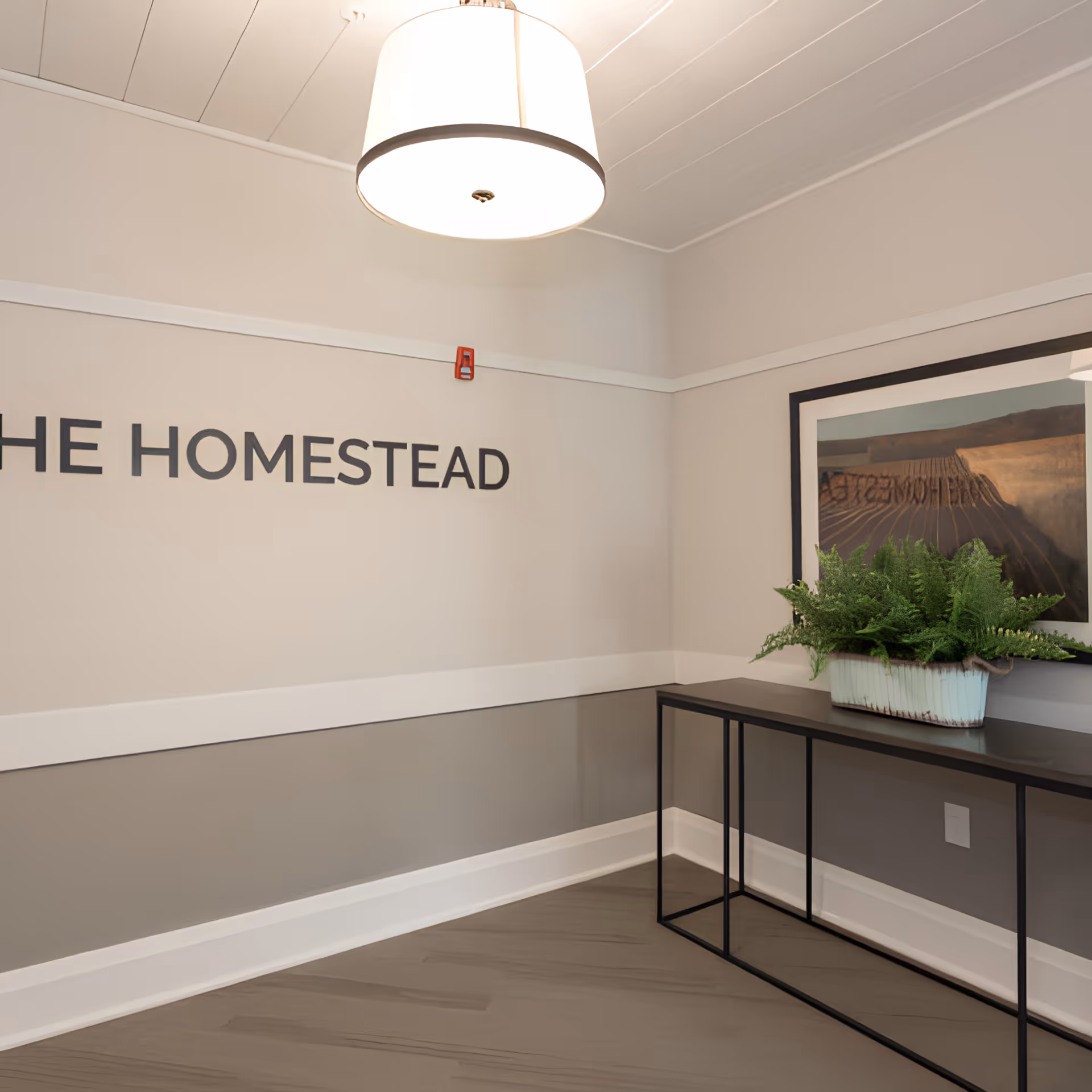 Interior entryway with 'THE HOMESTEAD' lettering on the wall, a console table holding a potted fern beneath framed artwork and a ceiling pendant light.