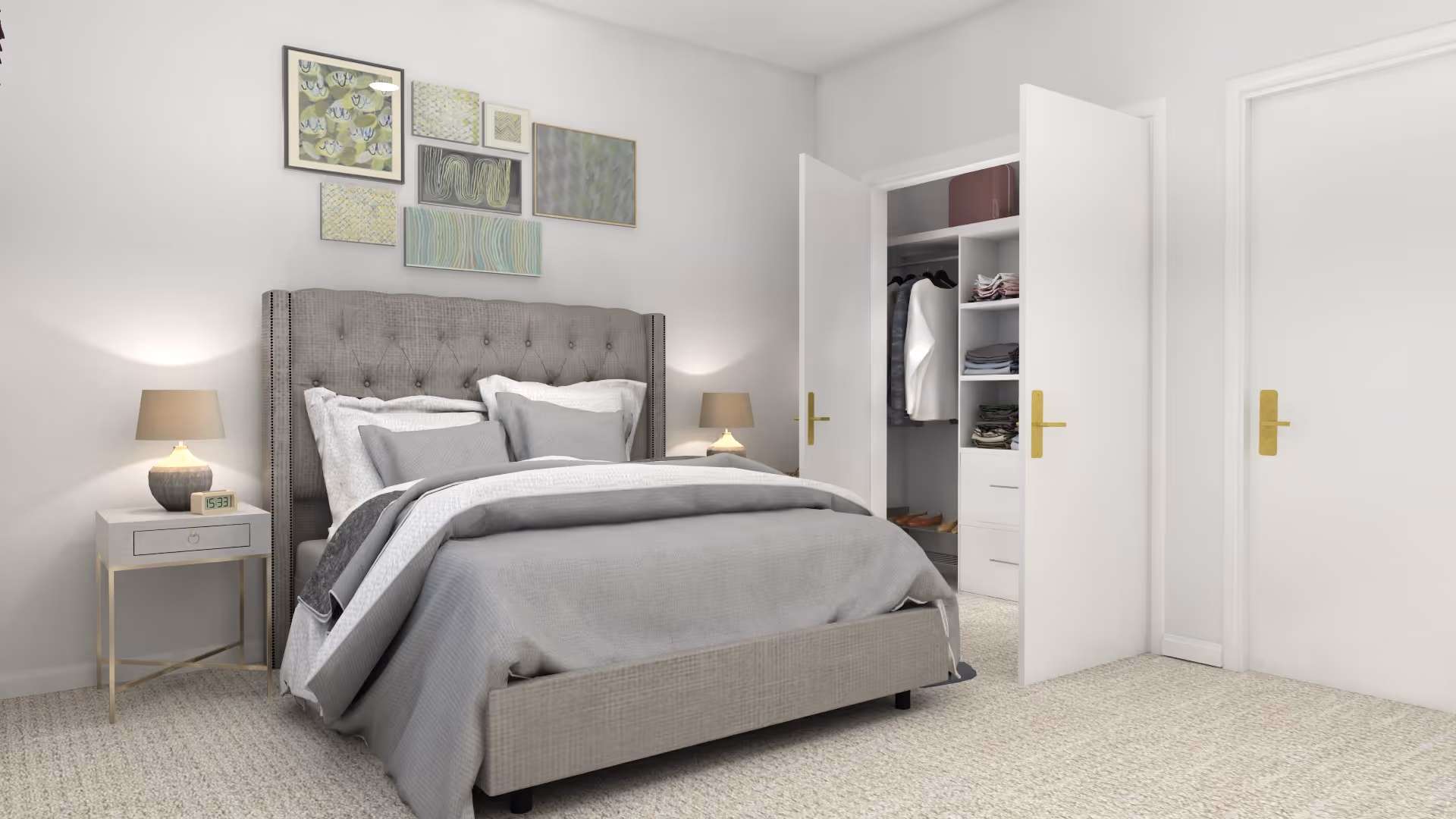 Neutral gray bedroom with an upholstered bed, bedside tables and lamps, wall art above the headboard, and an open closet with double doors.