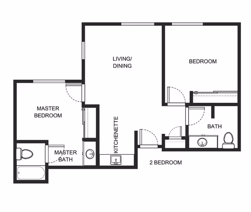 Floor plan of a residential unit at Holiday Edgewood Downs showing a master bedroom with attached master bath, a second bedroom, a bathroom, a kitchenette, and a combined living and dining area.