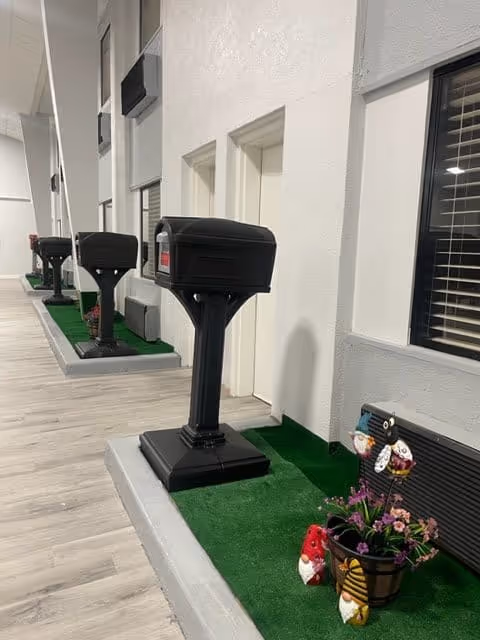 Indoor hallway with multiple black mailboxes mounted on black pedestals along a white wall. Each mailbox is placed on a small patch of green artificial grass. There is a flower pot with decorative garden ornaments including a bee and gnome near one of the mailboxes. The floor is light-colored wood, and windows with blinds are visible on the right side.