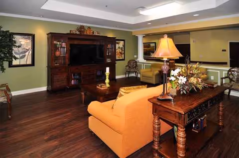 Cozy senior living room featuring a sofa, TV cabinet, lamps, and wood flooring.