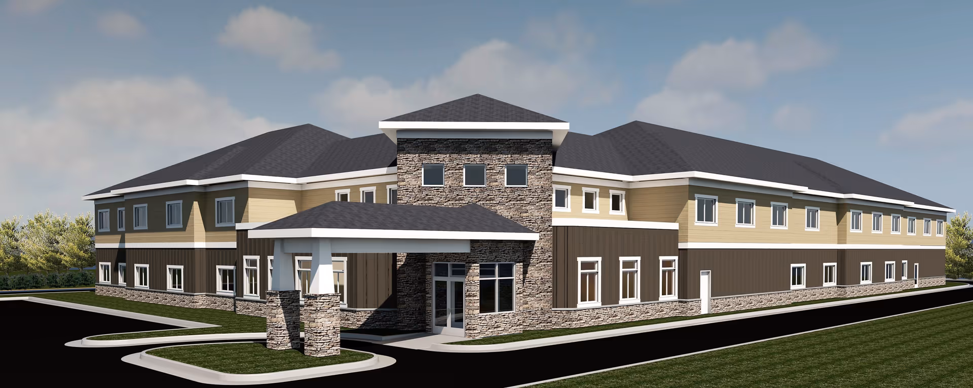 Exterior view of a two-story assisted living facility building with a covered entrance supported by stone pillars. The building features a combination of stone, beige, and brown siding with multiple windows and a dark shingled roof under a partly cloudy sky.