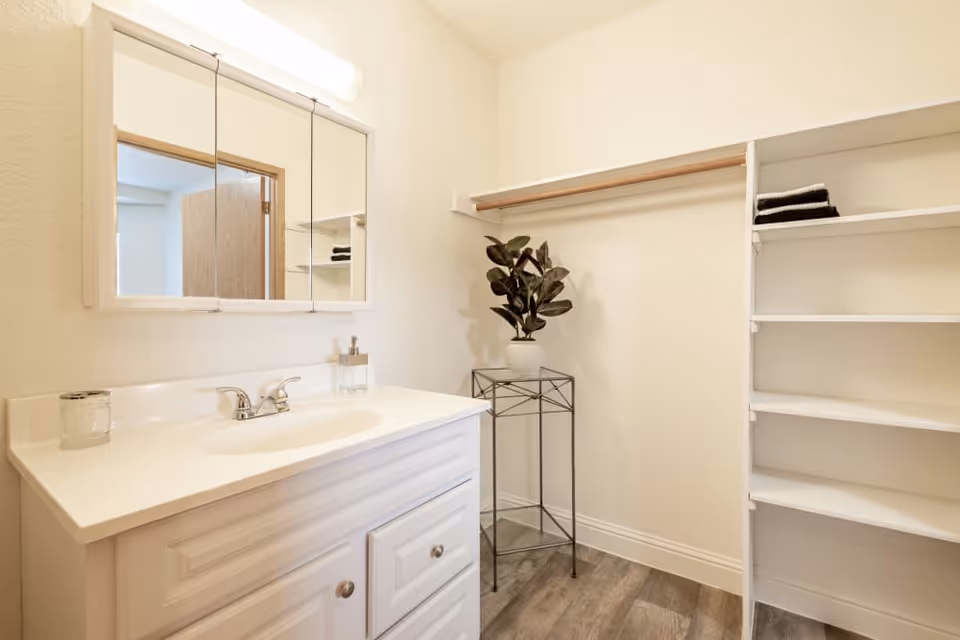Bright bathroom with a white vanity and sink under a mirrored medicine cabinet, open shelving and a small potted plant on a metal stand.