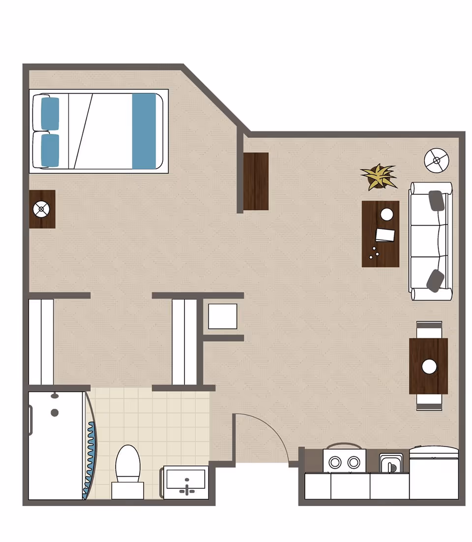 Floor plan of a small assisted living apartment featuring a bedroom with a bed and nightstand, a bathroom with a shower, toilet, and sink, a living area with a sofa, coffee table, plant, and side table, a dining table with two chairs, and a kitchen area with a stove, sink, and refrigerator.