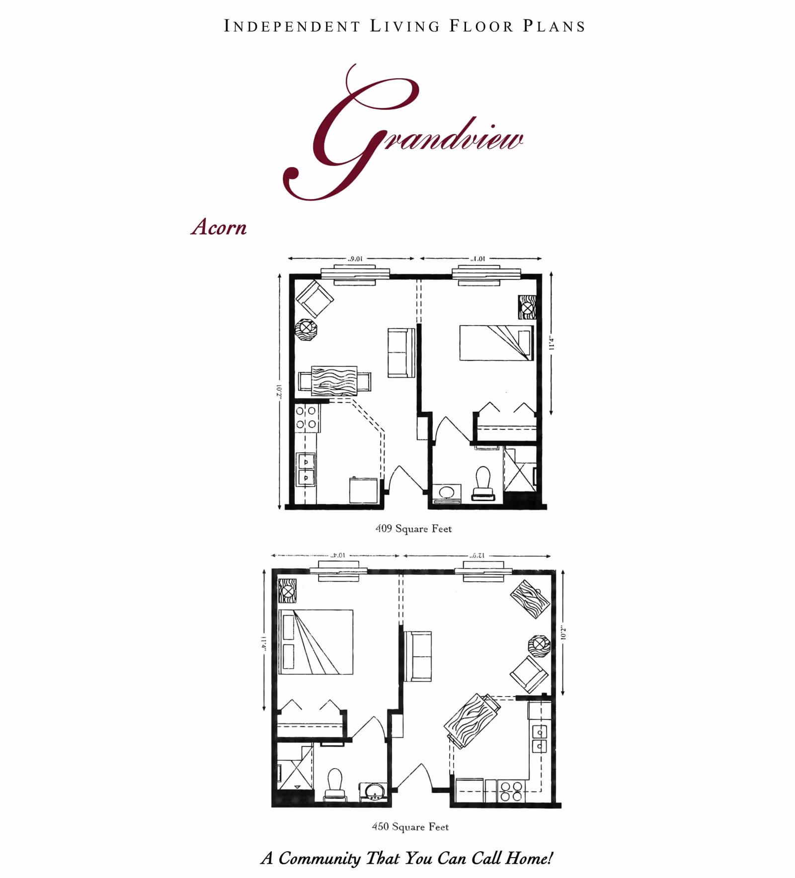 Floor plans for two independent living units named Acorn at Grandview Assisted and Independent Living. The top plan shows a 409 square feet layout with a kitchen, living area, bedroom, and bathroom. The bottom plan shows a 450 square feet layout with a kitchen, living area, bedroom, and bathroom. Both plans include furniture arrangements and measurements.