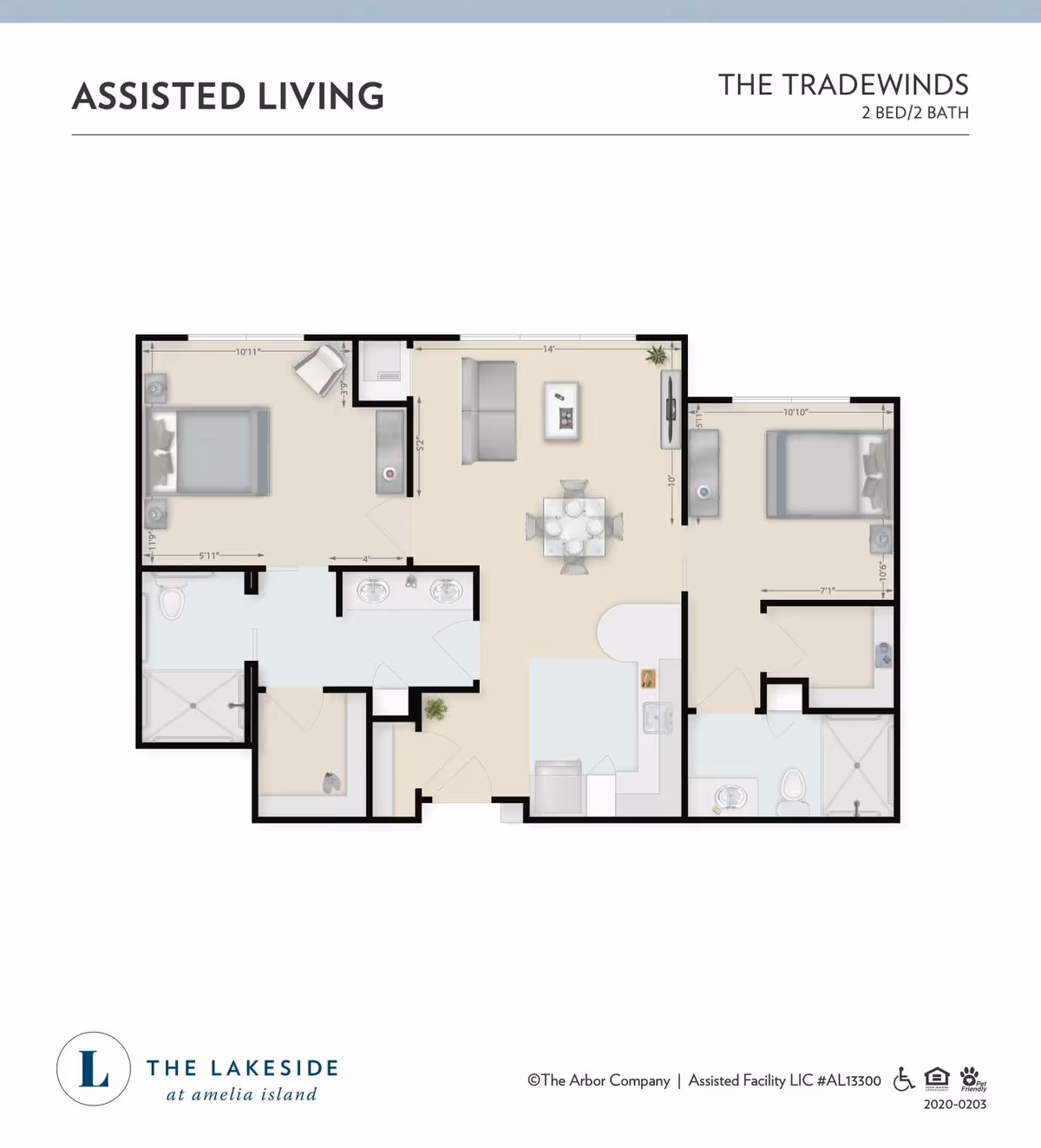 Floor plan layout of a two-bedroom, two-bath assisted living apartment labeled "The Tradewinds".
