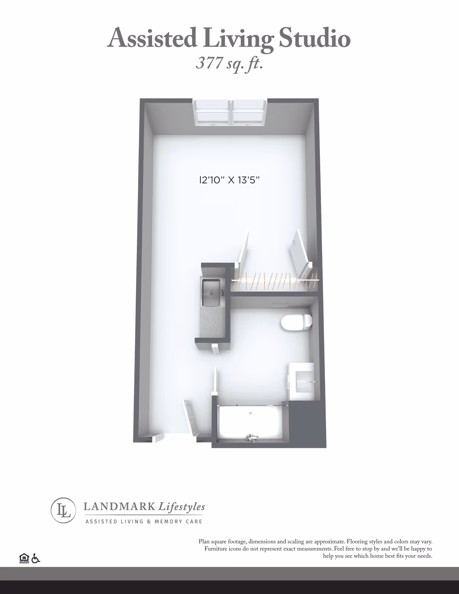 Floor plan of an Assisted Living Studio apartment measuring 377 square feet, showing a main living area of 12 feet 10 inches by 13 feet 5 inches, a small kitchenette with a sink, and a bathroom with a toilet, sink, and bathtub.