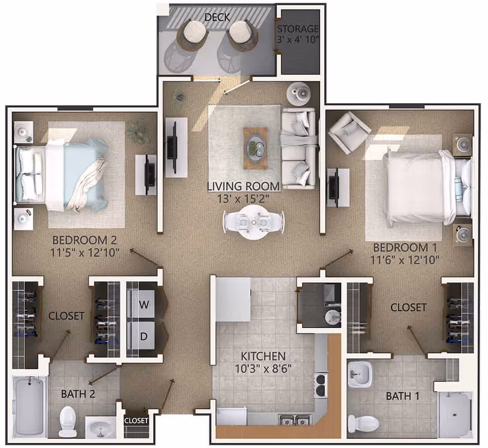 Top-down colored two-bedroom, two-bath apartment floor plan showing a living room, kitchen, closets, deck, and labeled room dimensions.