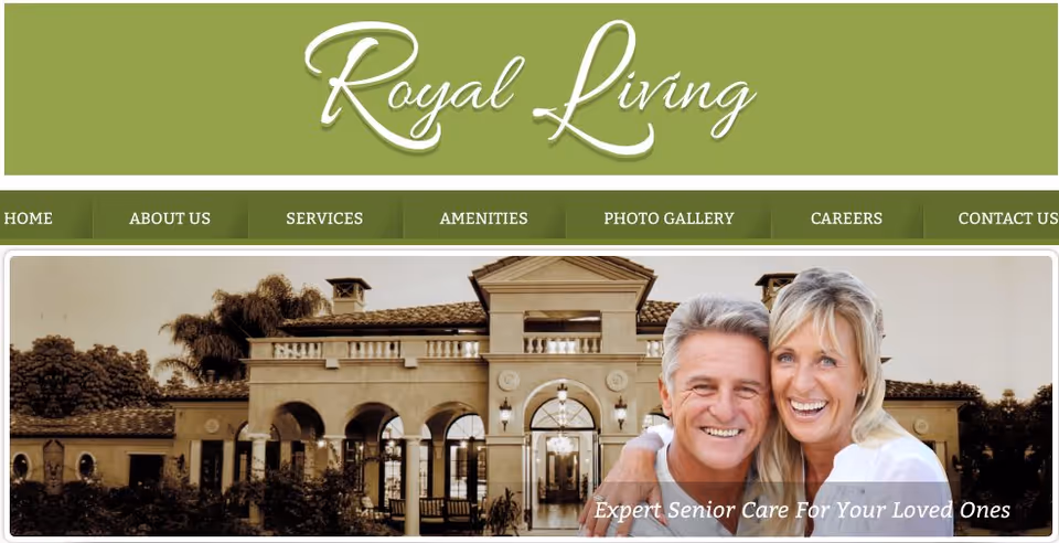 Website header for Royal Living senior care facility showing a navigation menu and a photo of a smiling senior couple in front of a large, elegant building with arches and columns.