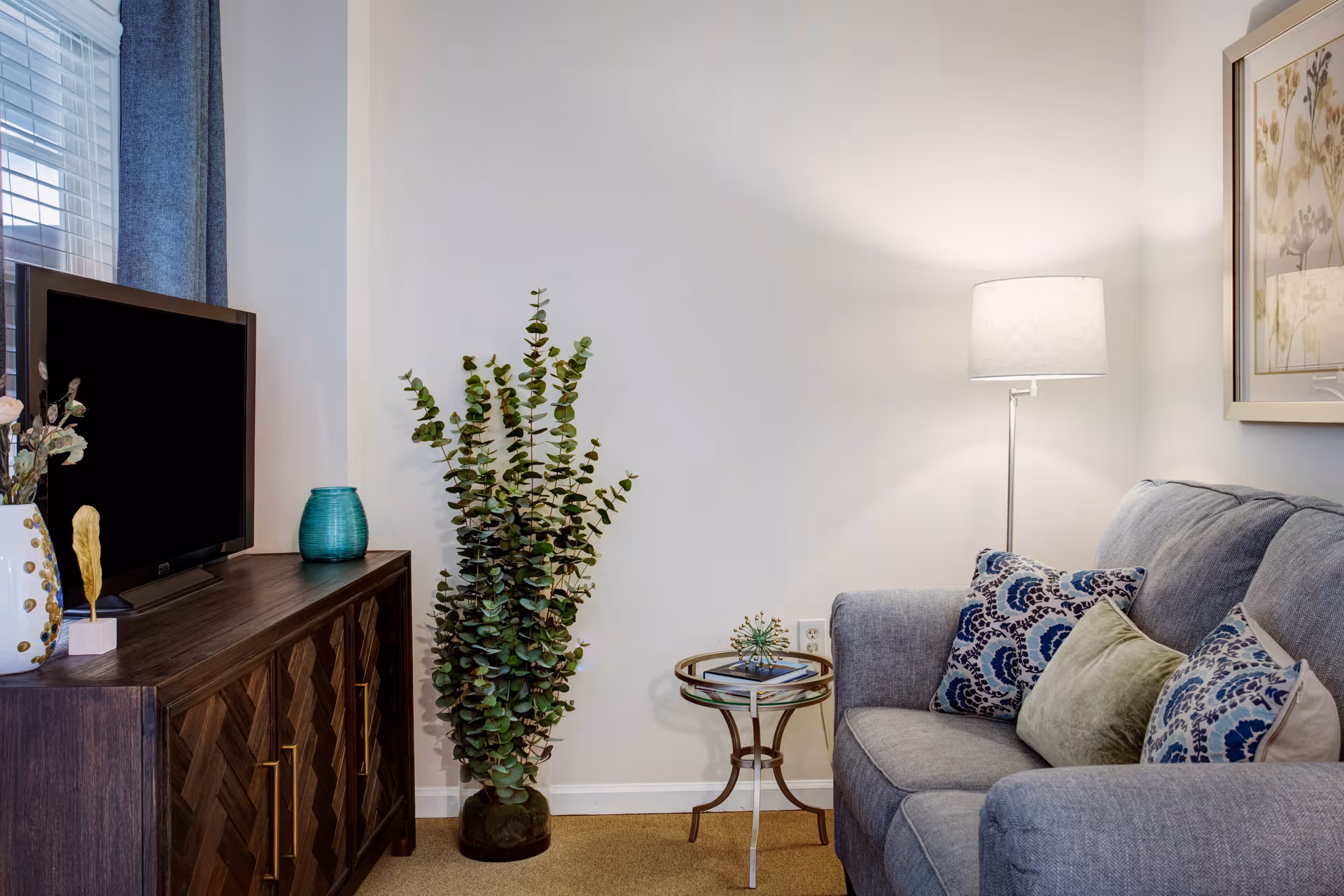 Cozy living room corner with a gray sofa and patterned pillows, a floor lamp, a TV on a wooden cabinet, and a tall potted plant.