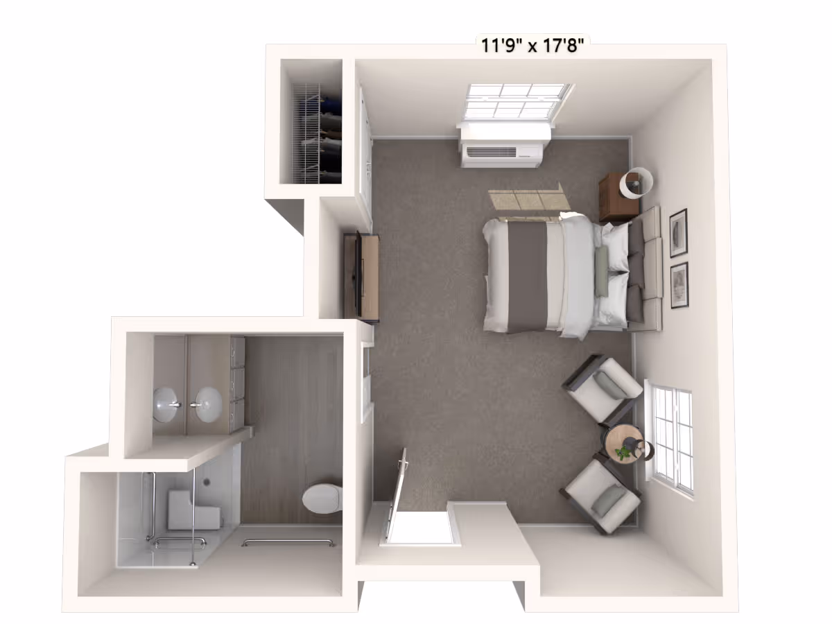 Top-down 3D floor plan of a studio apartment showing a bedroom with a bed, seating area, closet and an attached bathroom.