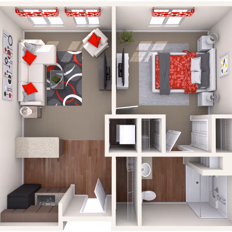 Top-down view of a one-bedroom apartment layout featuring a living room with a sectional sofa, armchair, coffee table, and TV, a bedroom with a bed, nightstands, and TV, a kitchen area with a sink and counter, and a bathroom with a toilet, sink, and shower. The living room and bedroom have carpeted floors, while the kitchen and bathroom have wood flooring.