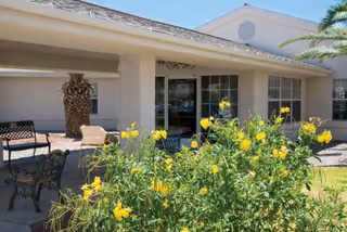 Outdoor view of a single-story building with large windows and a covered patio area. In the foreground, there are yellow flowering plants and some outdoor benches and chairs. A palm tree is visible near the building.