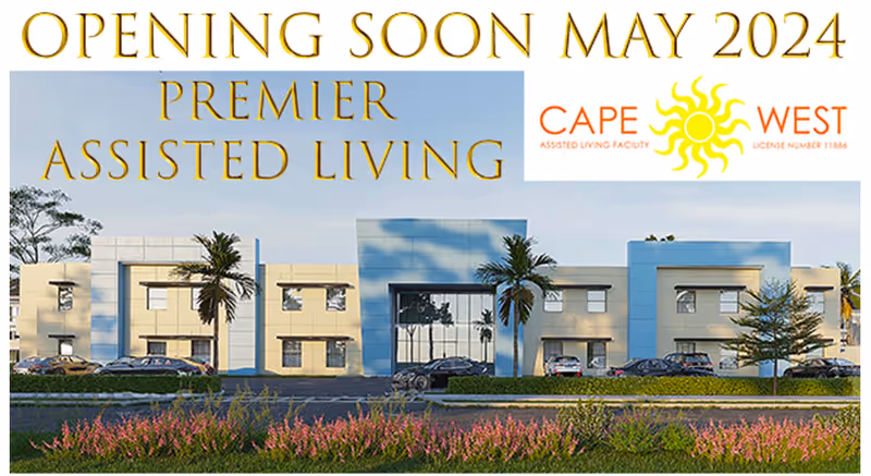Render of a modern two-story assisted living building with palm trees, parked cars, and promotional text announcing Opening Soon May 2024.