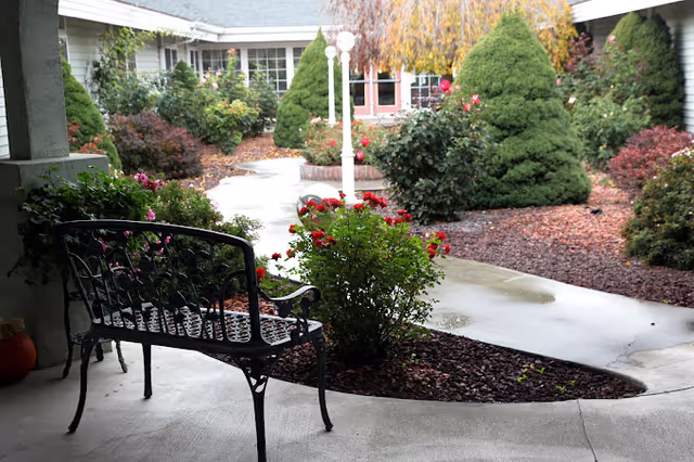 A covered patio area with a black metal bench overlooking a landscaped garden with bushes, flowers, and a winding concrete pathway. The garden is surrounded by a building with windows and doors, and there are trimmed conical shrubs and a white lamp post in the center.
