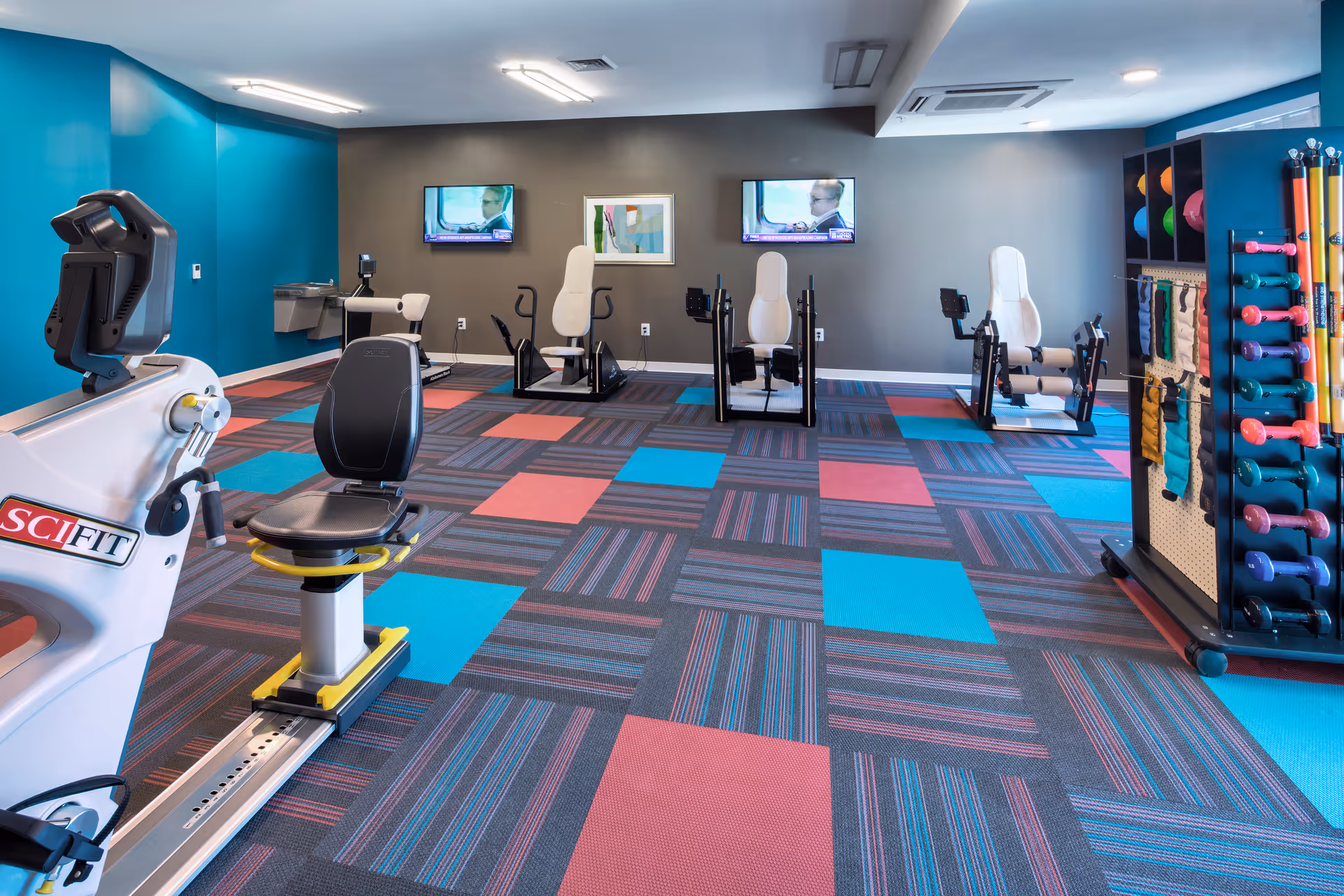 A brightly colored fitness room with patterned carpet tiles in blue, red, and gray. The room contains exercise equipment including a recumbent bike, three white seated exercise machines, and a rack holding various dumbbells and exercise balls. Two flat-screen TVs are mounted on a gray wall, with a framed picture between them. The room has a modern, clean design with a blue accent wall on the left.