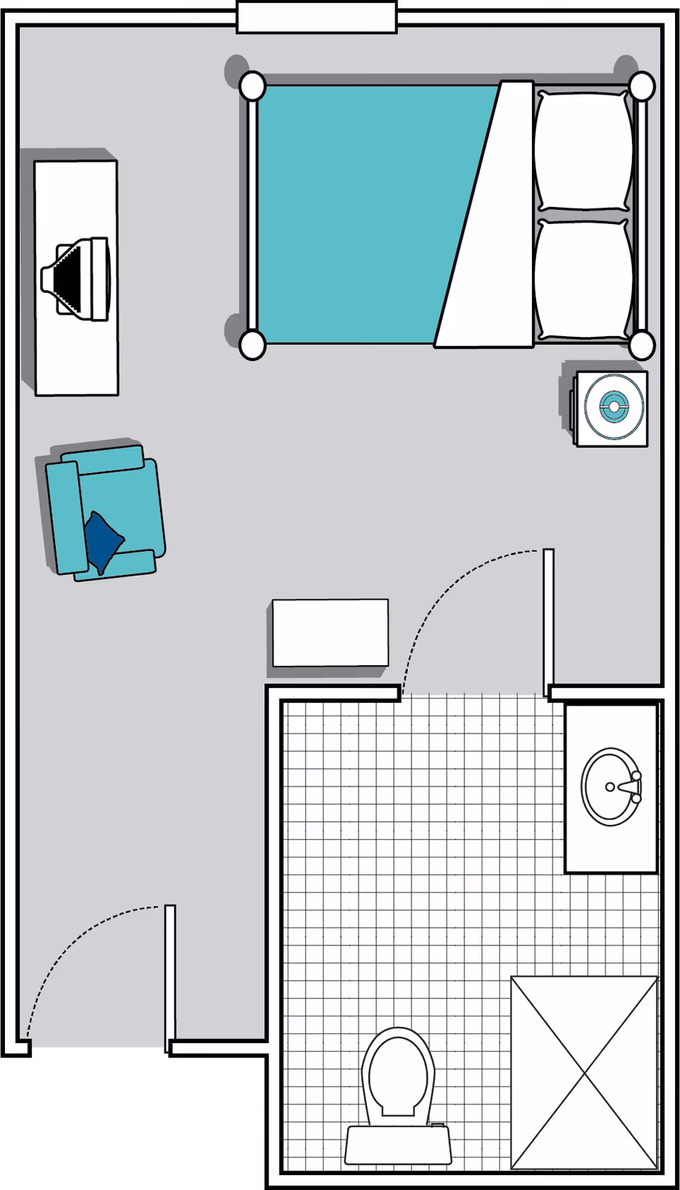 Floor plan of a senior living facility room at Oaks at Shiloh Point showing a bedroom area with a bed, armchair, TV on a stand, and a bathroom with a toilet, sink, and shower.