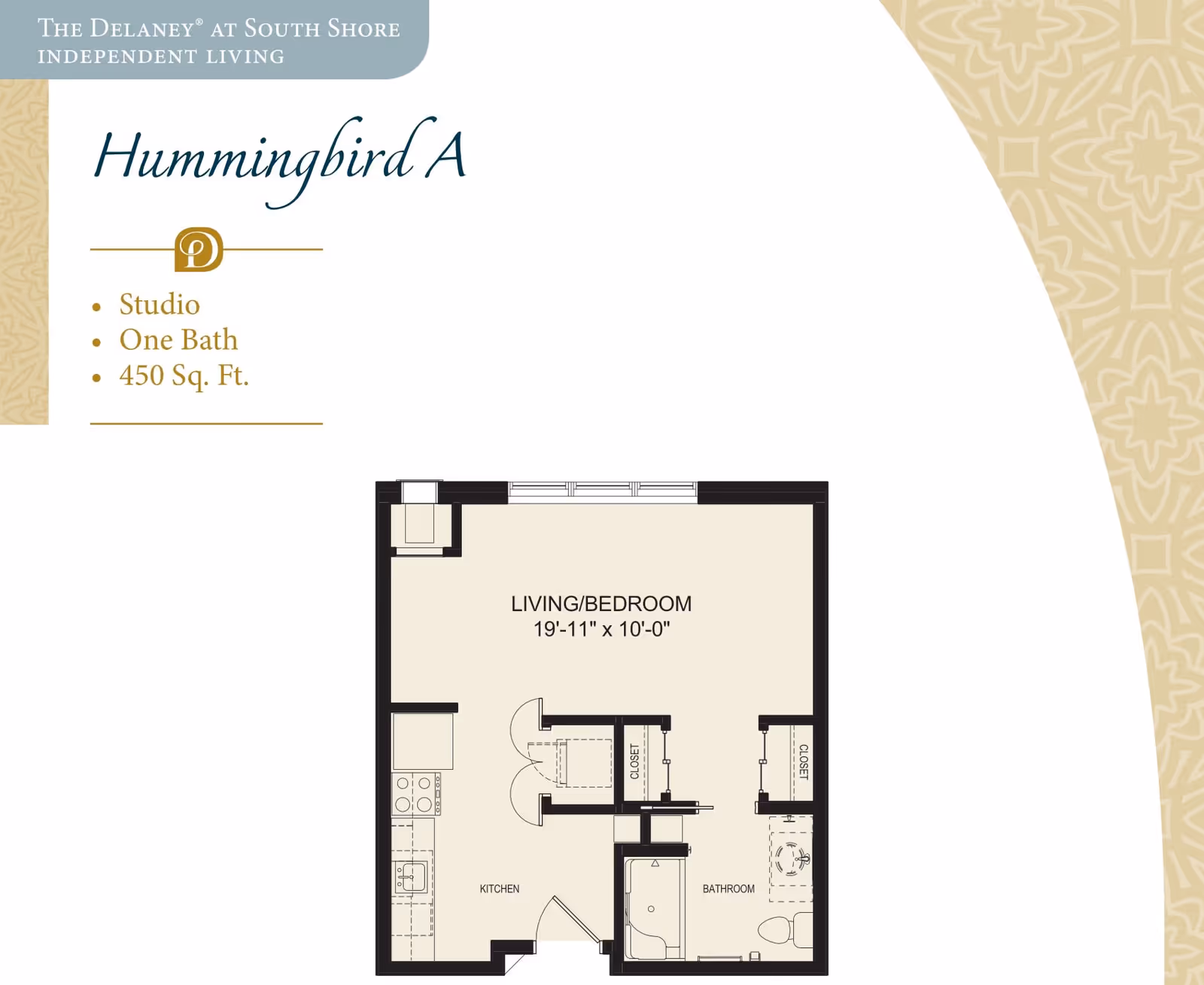 Floor plan of Hummingbird A studio apartment at The Delaney at South Shore independent living, showing a 450 square feet layout with one bath, a combined living and bedroom area measuring 19 feet 11 inches by 10 feet, a kitchen, bathroom, and closets.
