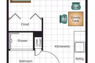 Floor plan of a senior living unit at Belmont Village Senior Living Memphis showing a bathroom with shower, linen closet, closet, kitchenette with refrigerator, and a dinette table with two chairs.