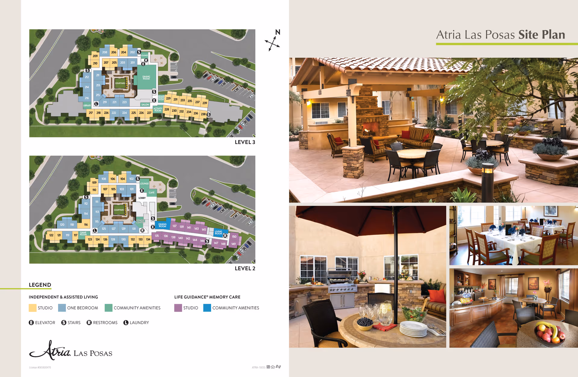 Site plan of Atria Las Posas showing level 2 and level 3 layouts with color-coded areas for independent & assisted living and memory care. Adjacent images show an outdoor patio with seating and fireplace, an outdoor dining area with a grill and umbrella, an indoor dining room with tables set for a meal, and a cozy kitchen or lounge area with fruit on the table.