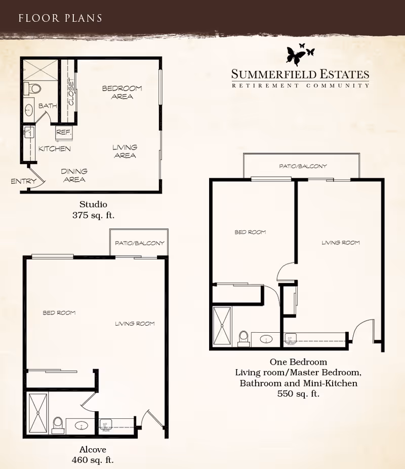 Floor plans for Summerfield Estates Retirement Community showing three layouts: Studio (375 sq. ft.) with bedroom area, living area, dining area, kitchen, bath, and closet; Alcove (460 sq. ft.) with bedroom, living room, bathroom, and patio/balcony; One Bedroom (550 sq. ft.) with living room/master bedroom, bathroom, mini-kitchen, and patio/balcony.