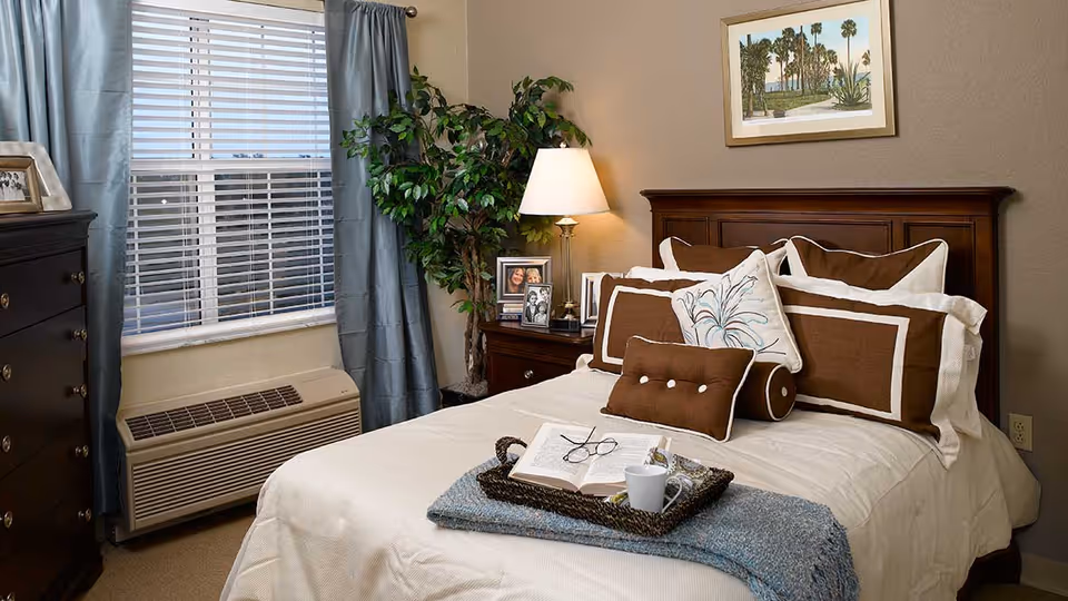A cozy bedroom with a neatly made bed featuring multiple brown and white pillows and a decorative throw blanket. On the bed is a tray holding an open book, a pair of glasses, and a white cup. To the right of the bed is a wooden nightstand with framed photos and a lamp. A large green plant is placed in the corner next to the nightstand. The room has beige walls, a window with blue curtains, and a framed picture hanging above the bed.
