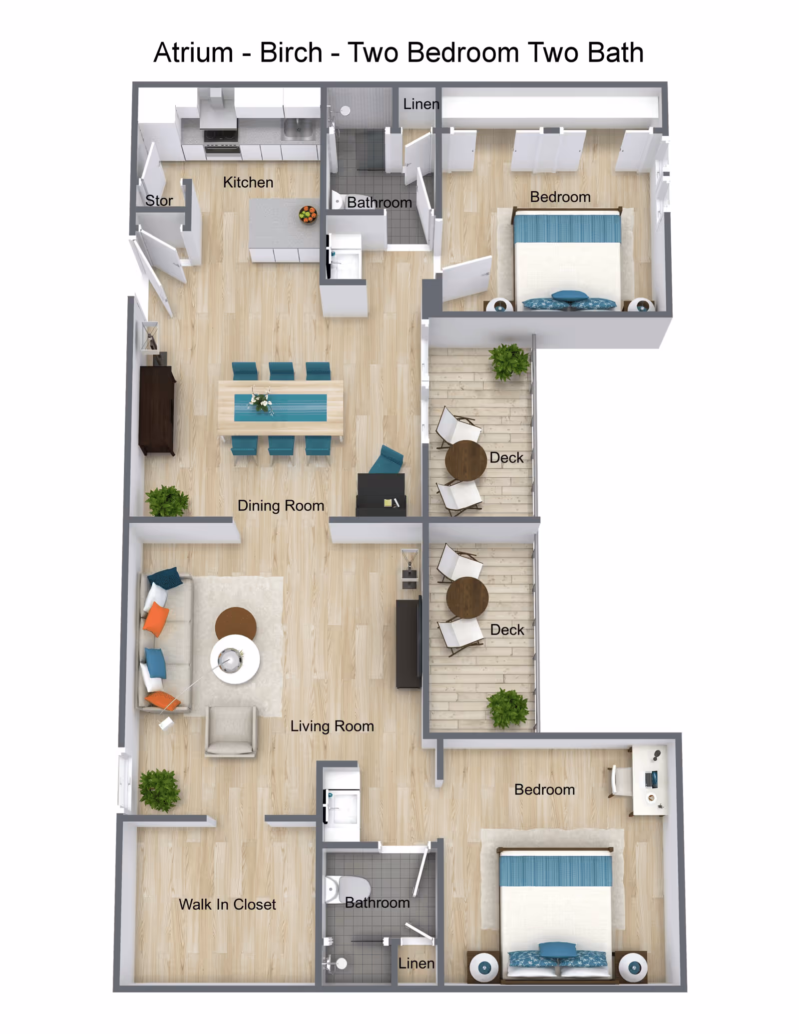 Floor plan of a two-bedroom, two-bath apartment named Atrium - Birch. The layout includes a kitchen with a storage area, a dining room with a table and six chairs, a living room with seating and a coffee table, two bedrooms each with a bed and nightstands, two bathrooms, two decks with seating, and a walk-in closet.