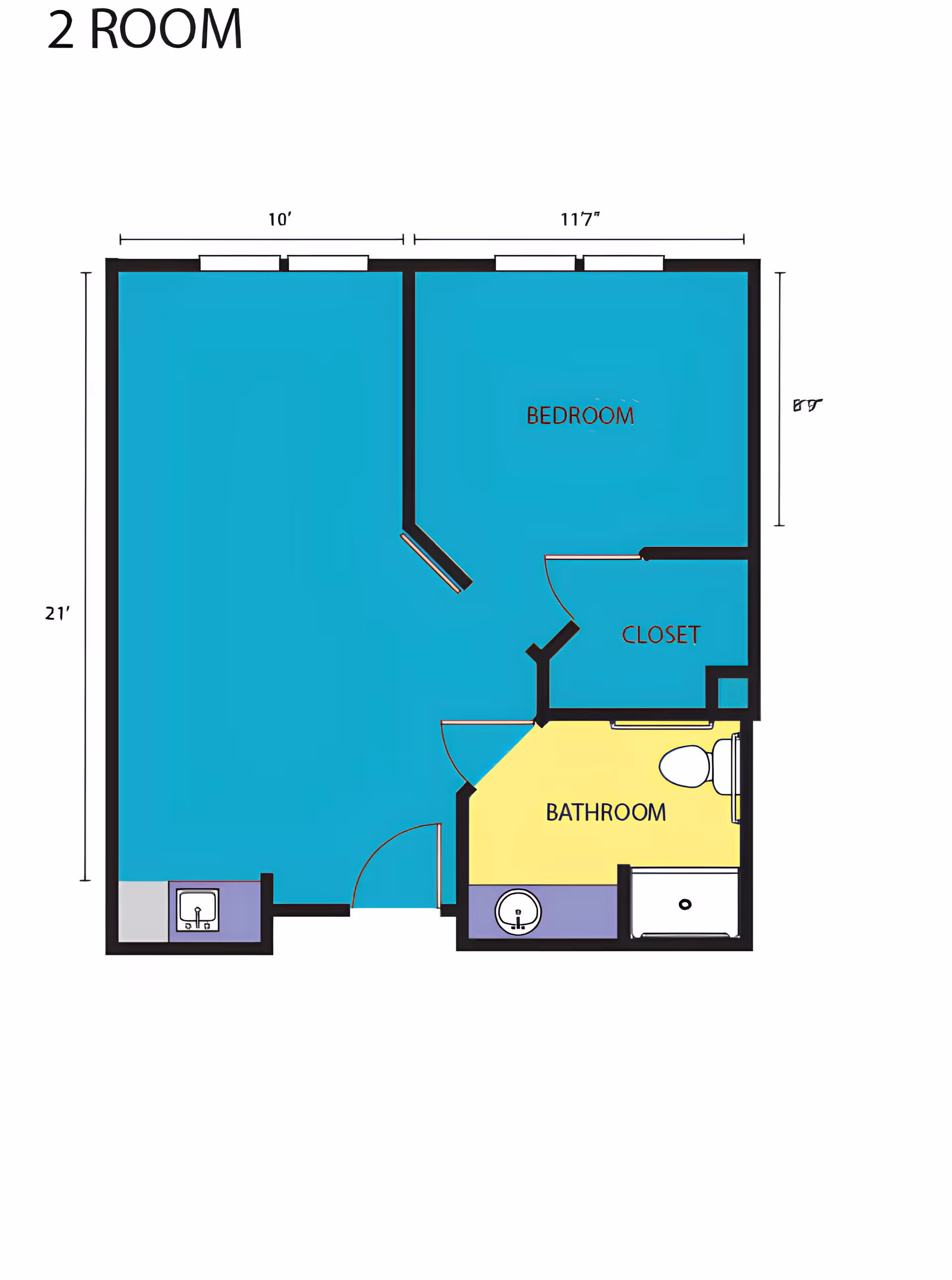 Colored 2-room floor plan showing a bedroom, closet and a bathroom layout with dimensions.