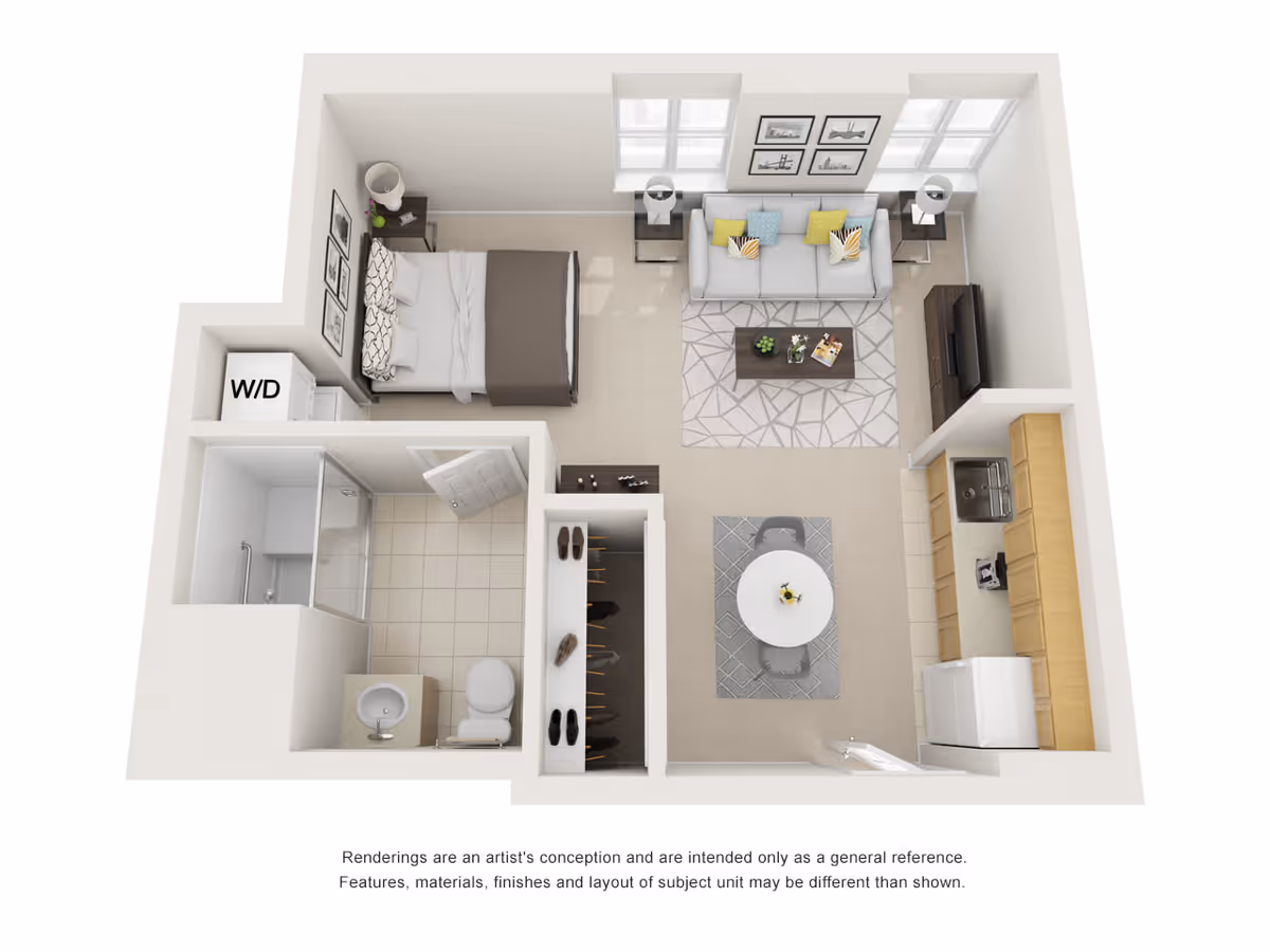 3D floor plan of a studio apartment featuring a bedroom area with a bed and nightstand, a bathroom with a shower, toilet, and sink, a living area with a sofa, coffee table, and TV stand, a dining area with a round table and chairs, and a kitchen with cabinets, sink, and appliances. There is also a washer/dryer unit near the bedroom.