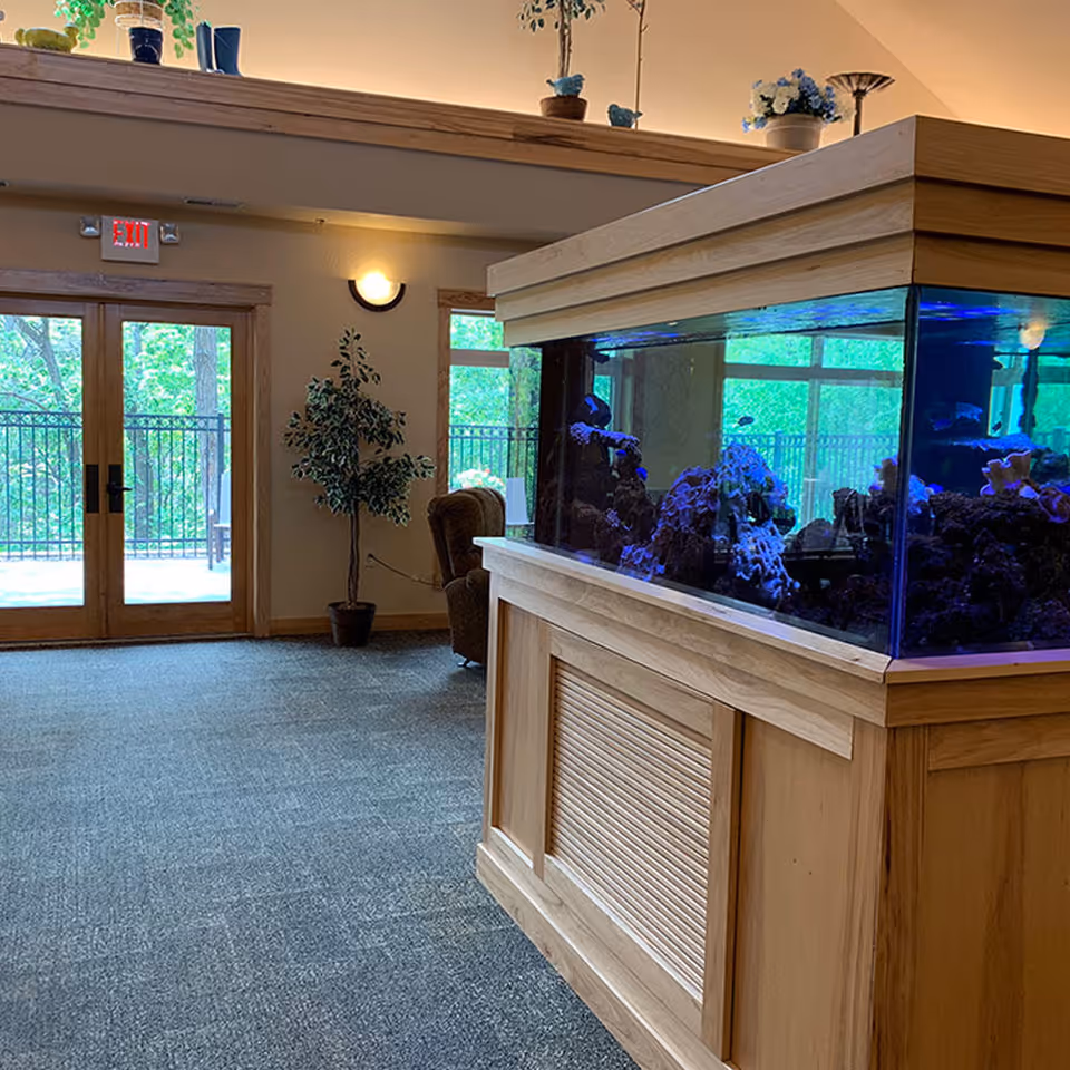 Interior view of a senior living facility common area featuring a large built-in aquarium with blue lighting, a potted plant, a brown armchair, and double glass doors leading to an outdoor balcony with trees visible outside. There are several small potted plants on a ledge above the aquarium.