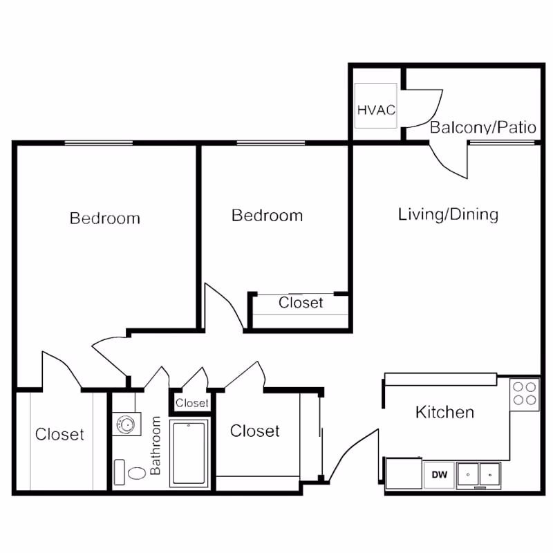 Floor plan of an apartment at Oakhaven Manor showing two bedrooms, a bathroom, closets, a kitchen, a living/dining area, and a balcony/patio with HVAC unit.