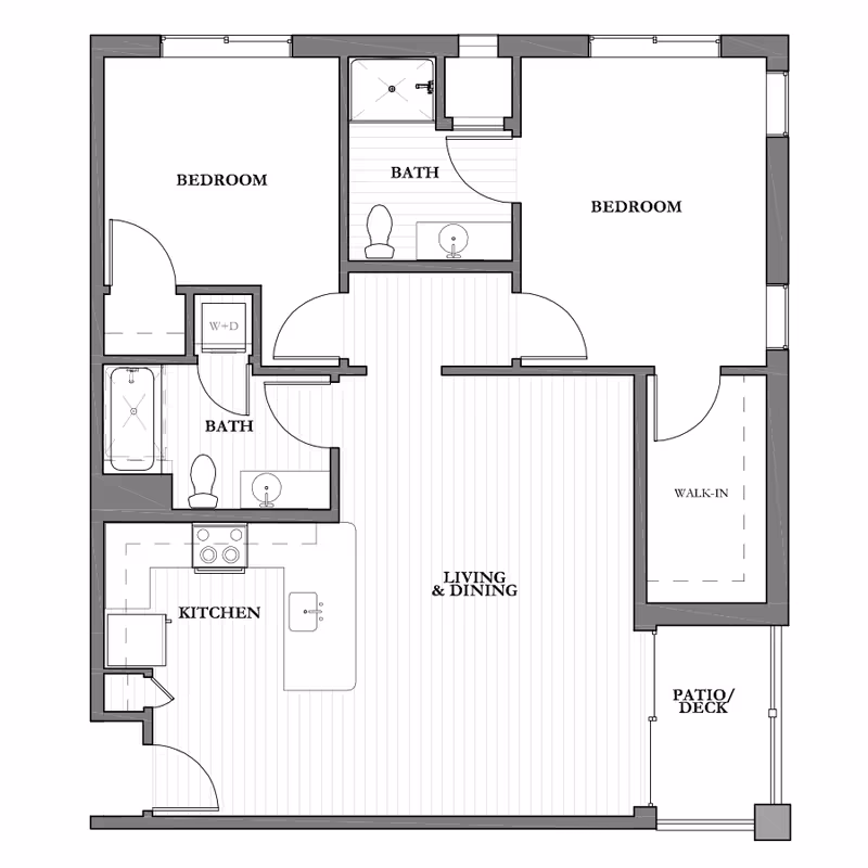 Architectural floor plan of a senior living apartment at Silver Glen Senior Living, showing two bedrooms, two bathrooms, a kitchen, a combined living and dining area, a walk-in closet, a patio/deck, and a washer and dryer area.