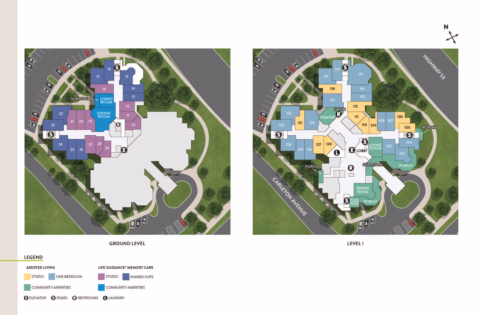 Architectural floor plans for Atria Park of Glen Ellyn showing the ground level and level 1 layouts. The plans include labeled rooms such as living rooms, dining rooms, sunrooms, theater, salon, lobby, porches, and various studio and one-bedroom units. The legend indicates different color codes for assisted living, life guidance memory care, community amenities, and shared suites. Symbols for elevator, stairs, restrooms, and laundry are also shown. Surrounding roads and parking areas are visible.