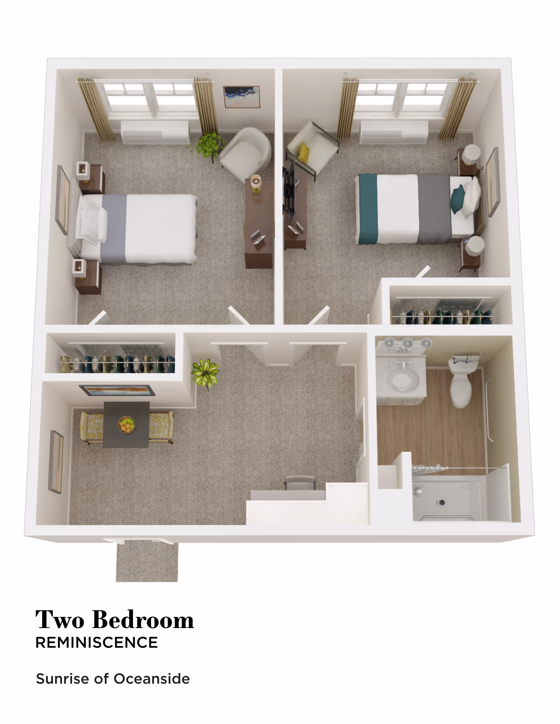 3D floor plan of a two-bedroom apartment named Reminiscence at Sunrise of Oceanside, showing two bedrooms with beds, nightstands, chairs, and windows, a small dining area with a table and two chairs, a bathroom with a shower, toilet, and sink, and closets in the bedrooms.