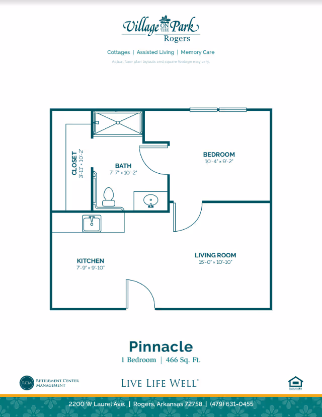 Floor plan titled 'Pinnacle' showing a one-bedroom, one-bath apartment with kitchen, living room, bedroom, bath, and closet.