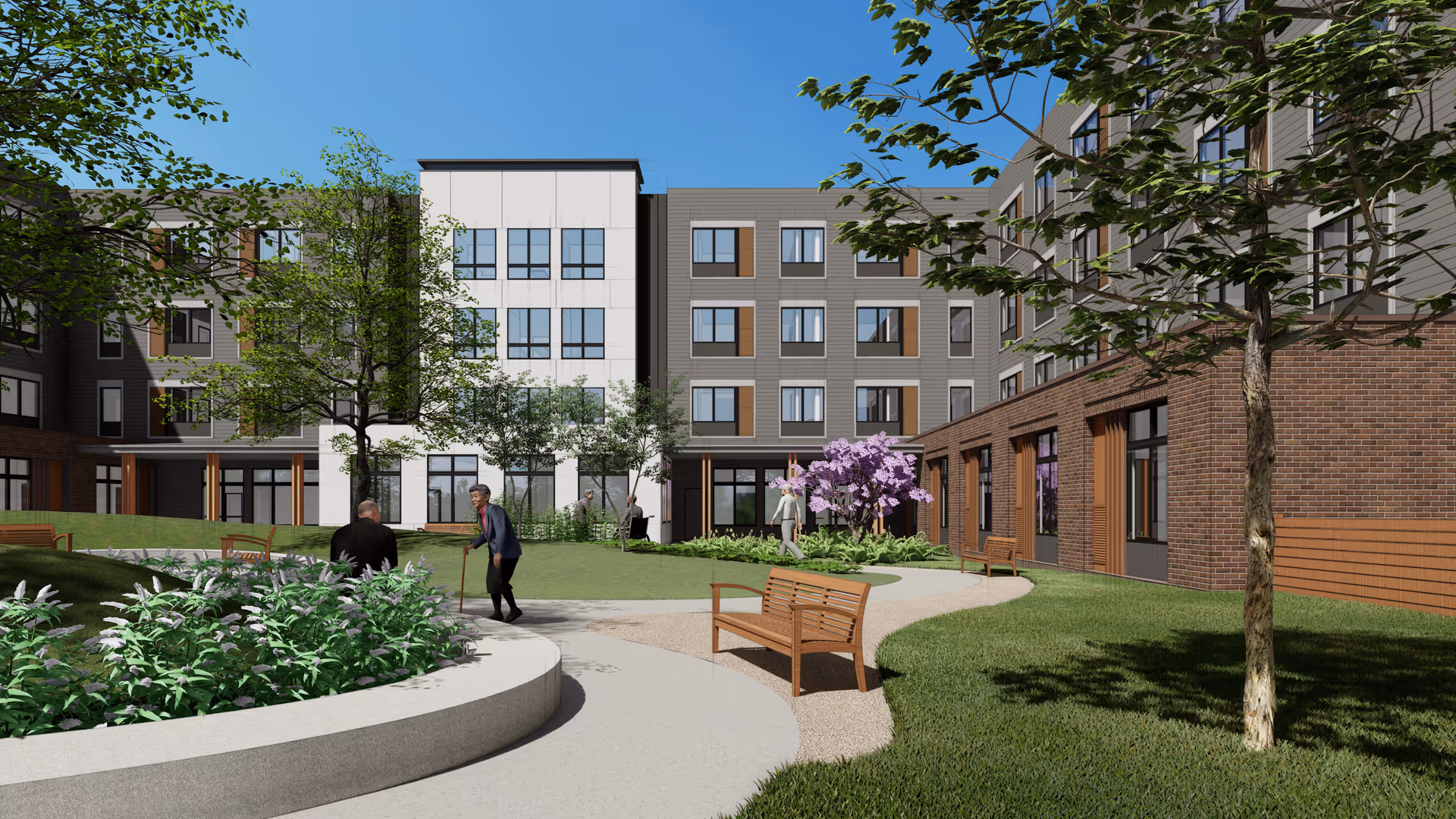 Outdoor courtyard area of The Delaney at the Vale senior living facility with walking paths, benches, trees, and shrubs. Several elderly people are seen walking and sitting in the garden area surrounded by a multi-story building with large windows.