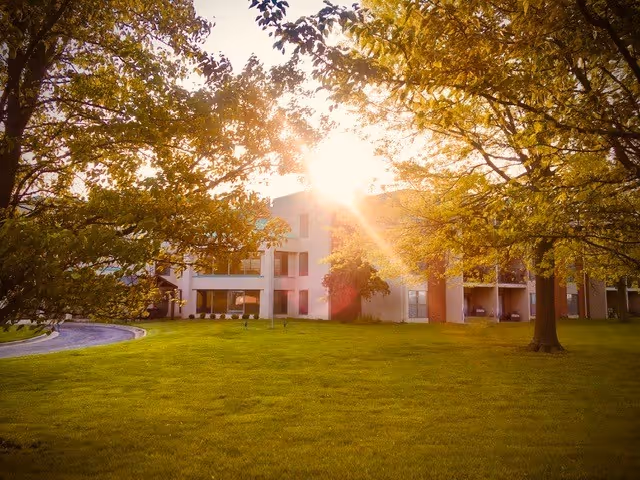 A large building partially obscured by trees with sunlight shining through the branches, surrounded by a well-maintained green lawn.