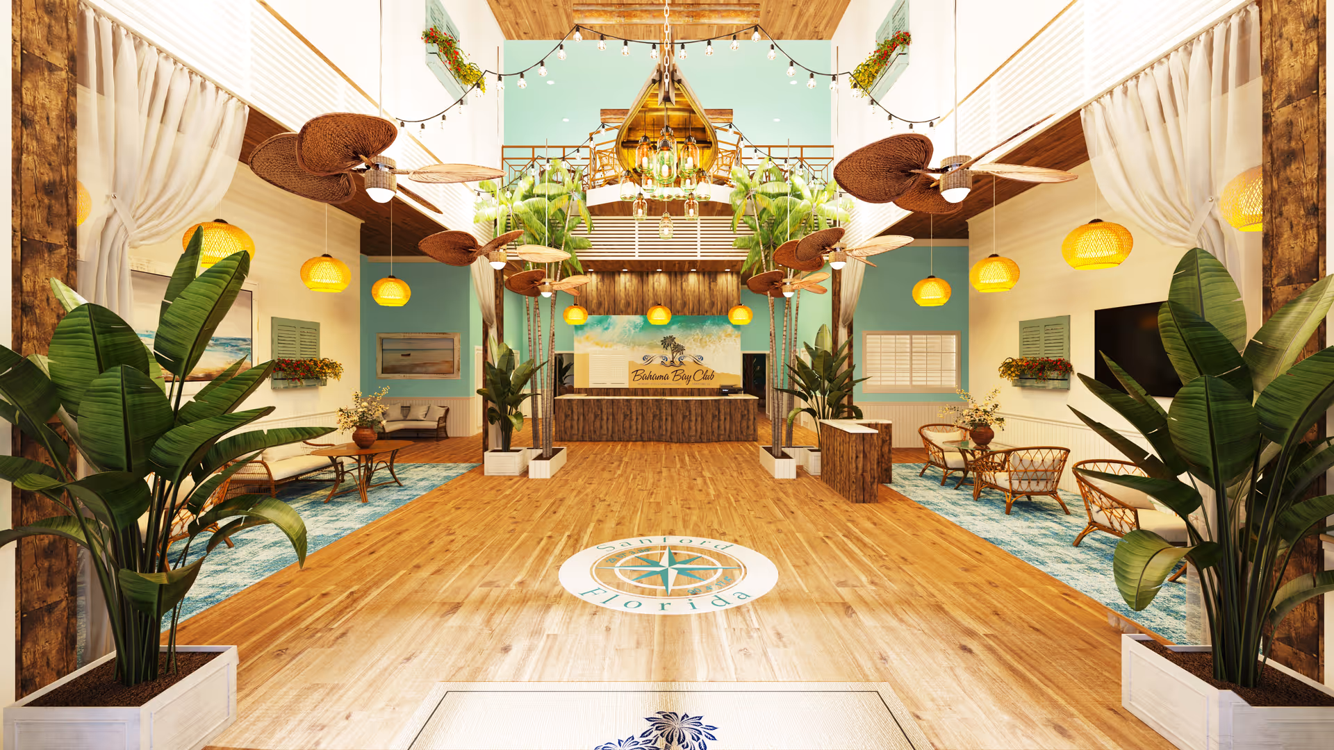 Spacious and brightly lit senior living facility lobby with wooden floors, tropical-themed decor, large green plants in white planters, ceiling fans with leaf-shaped blades, hanging yellow pendant lights, and a reception desk at the far end with a sign reading 'Bahama Bay Club'. The walls are painted in light blue and white, with windows and curtains, and seating areas with wicker chairs and tables on either side.